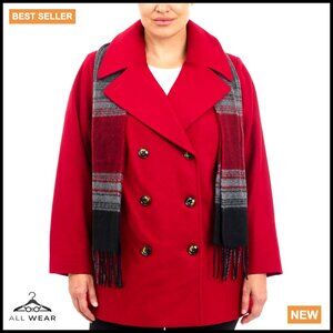 Classic Double Breasted Peacoat With Scarf Elegant Winter Wool Blend Coat